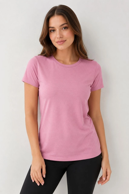 Kadın 3 lü Kısa Kollu Bisiklet Yaka Basic Slim Fit T-Shirt - Pudra Pembe - Mor - Bej