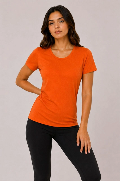 Kadın 3 lü Kısa Kollu Bisiklet Yaka Basic Slim Fit T-Shirt - Turuncu - Bej - Hardal