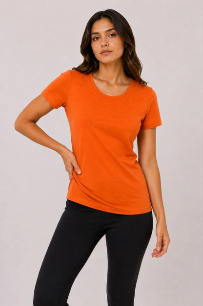 Kadın 3 lü Kısa Kollu Bisiklet Yaka Basic Slim Fit T-Shirt - Turuncu - Bej - Hardal
