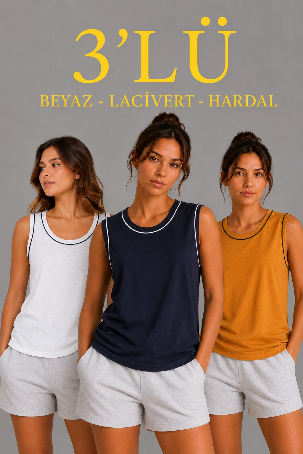 Kadın 3 lü Kolsuz Sporcu Atlet Seti Yazlık Bisiklet Yakalı - Beyaz, Lacivert, Hardal