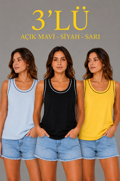 Kadın 3 lü Kolsuz Sporcu Atlet Seti Yazlık Bisiklet Yakalı - Sarı, Siyah, Bebe Mavisi