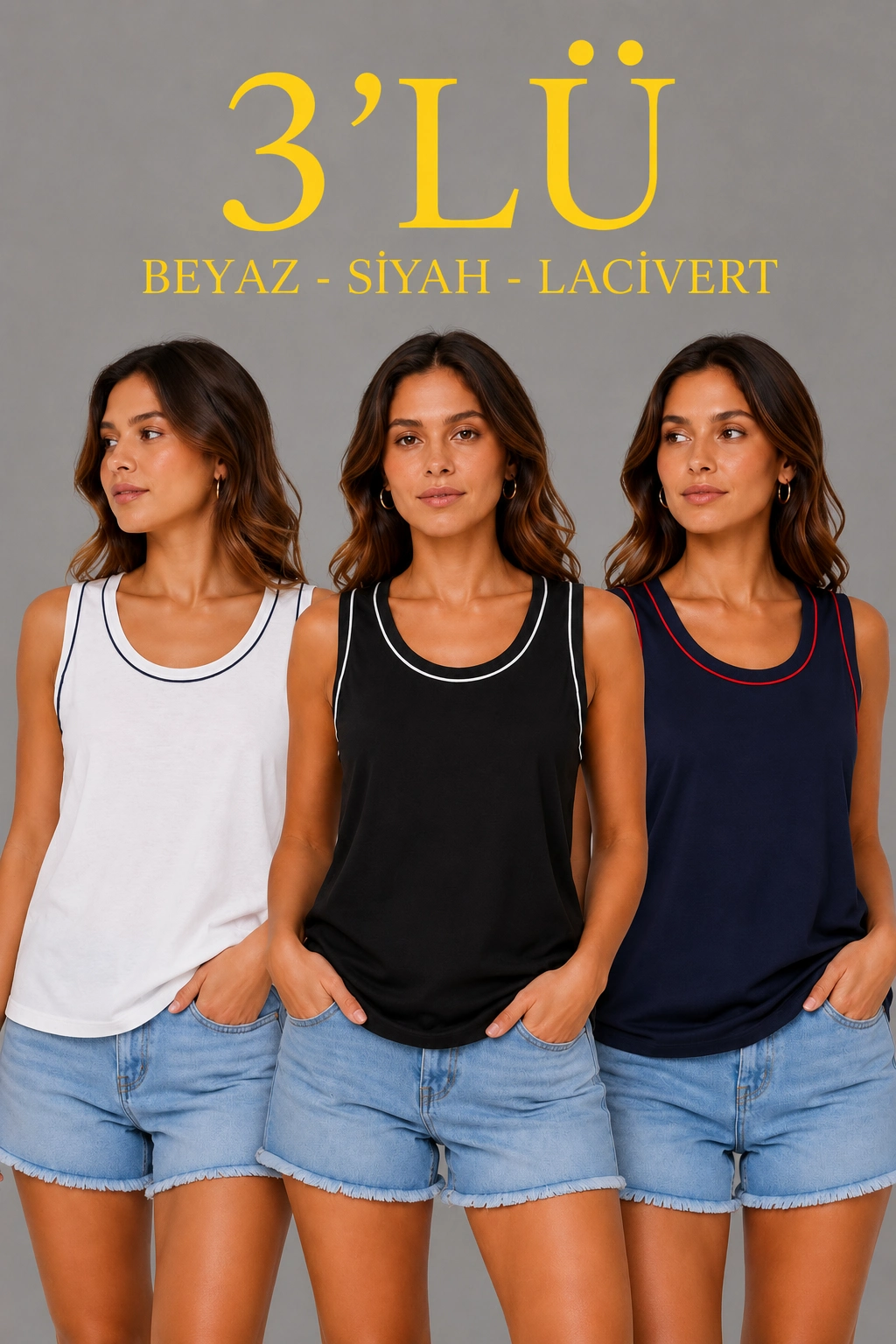 Kadın 3 lü Kolsuz Sporcu Atlet Seti Yazlık Bisiklet Yakalı - Siyah, Lacivert, Beyaz