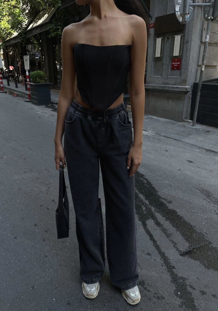 Arkadan Yırtmaçlı Jeans Kot Palazzo Pantolon - Siyah -