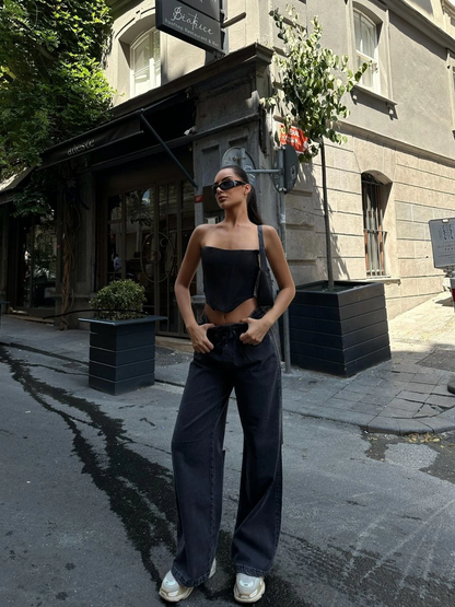 Arkadan Yırtmaçlı Jeans Kot Palazzo Pantolon - Siyah -