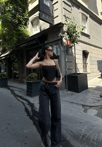 Arkadan Yırtmaçlı Jeans Kot Palazzo Pantolon - Siyah -