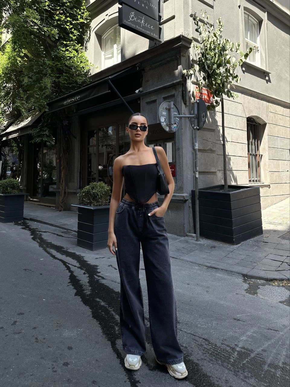Arkadan Yırtmaçlı Jeans Kot Palazzo Pantolon - Siyah -