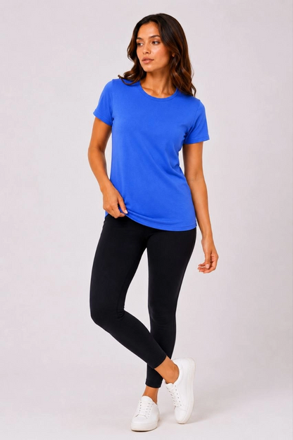Kadın Basic Bisiklet Yaka Yazlık Slim fit T-Shirt - Mavi  Hardal Sarısı