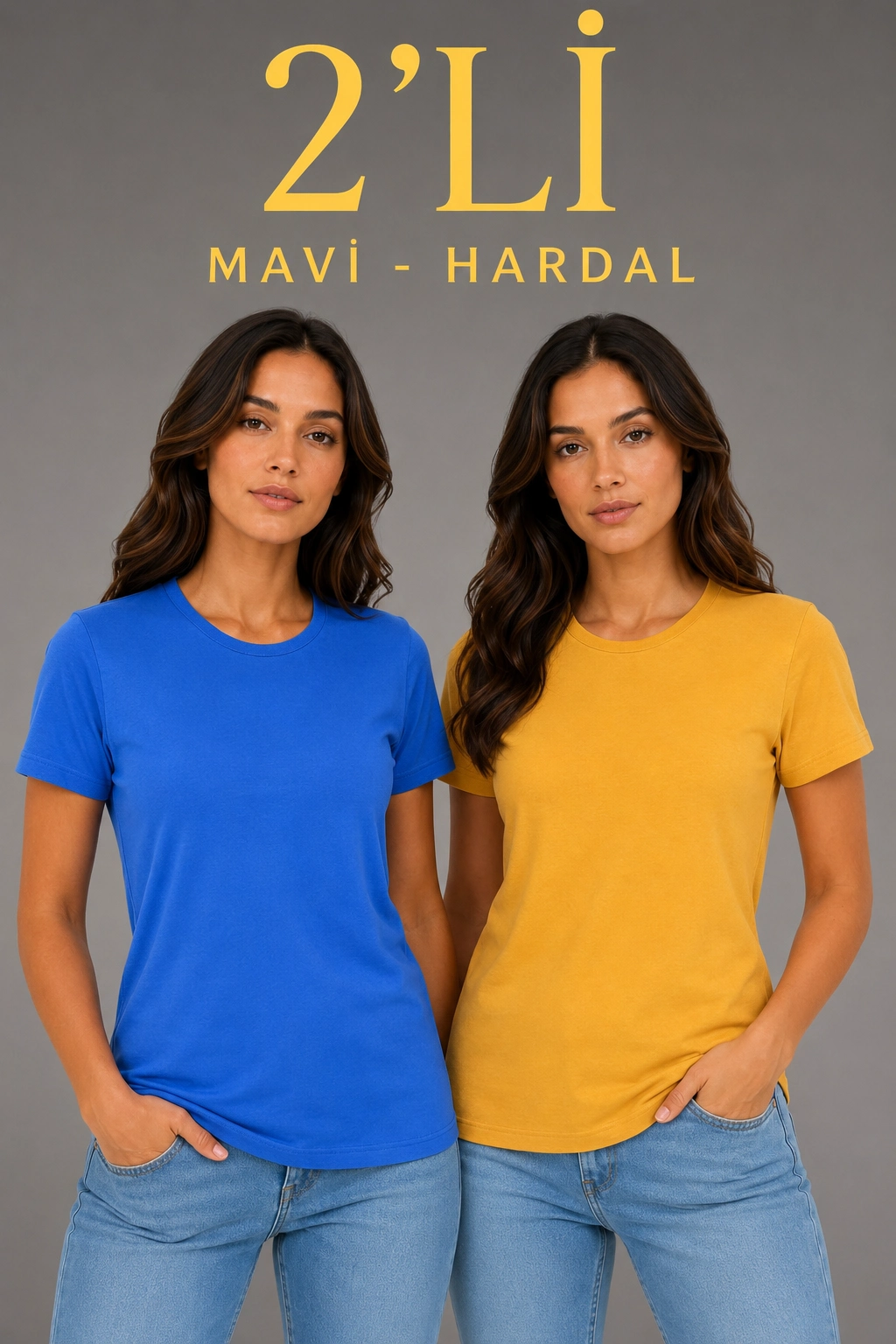 Kadın Basic Bisiklet Yaka Yazlık Slim fit T-Shirt - Mavi  Hardal Sarısı