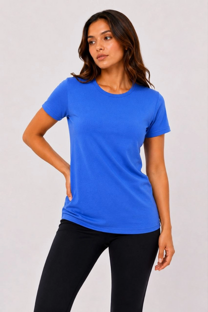 Kadın Basic Bisiklet Yaka Yazlık Slim fit T-Shirt - Mavi  Hardal Sarısı