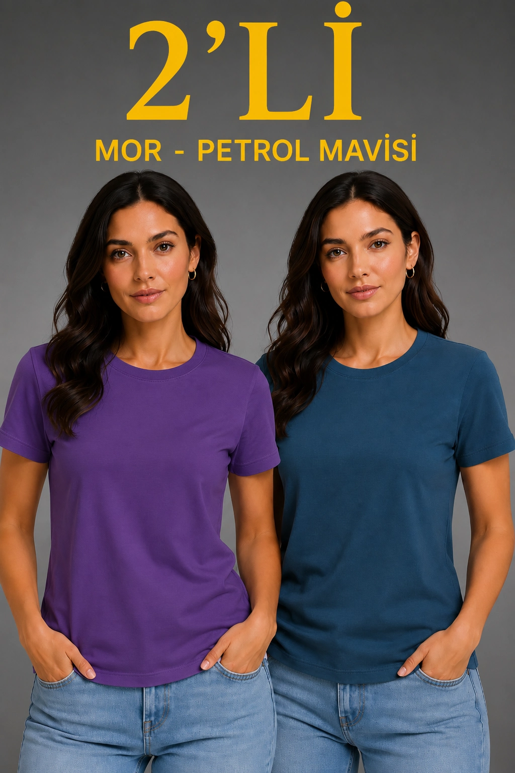 Kadın Basic Bisiklet Yaka Yazlık Slim fit T-Shirt - Mor  Petrol Mavisi