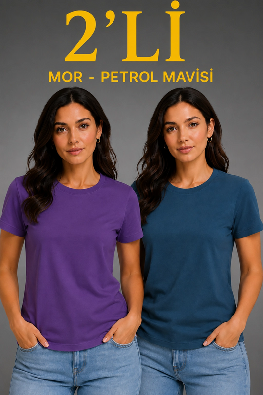 Kadın Basic Bisiklet Yaka Yazlık Slim fit T-Shirt - Mor  Petrol Mavisi