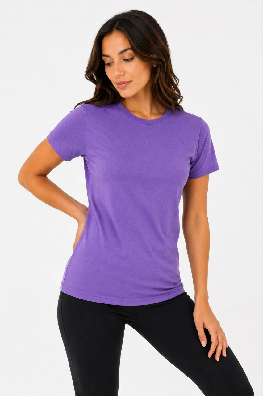 Kadın Basic Bisiklet Yaka Yazlık Slim fit T-Shirt - Mor  Petrol Mavisi