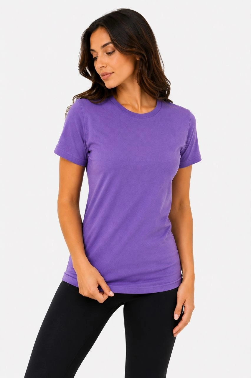 Kadın Basic Bisiklet Yaka Yazlık Slim fit T-Shirt - Mor  Petrol Mavisi