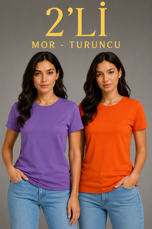 Kadın Basic Bisiklet Yaka Yazlık Slim fit T-Shirt - Mor   Turuncu