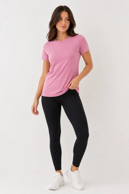 Kadın Basic Bisiklet Yaka Yazlık Slim fit T-Shirt - Pudra Pembe  Petrol Mavi