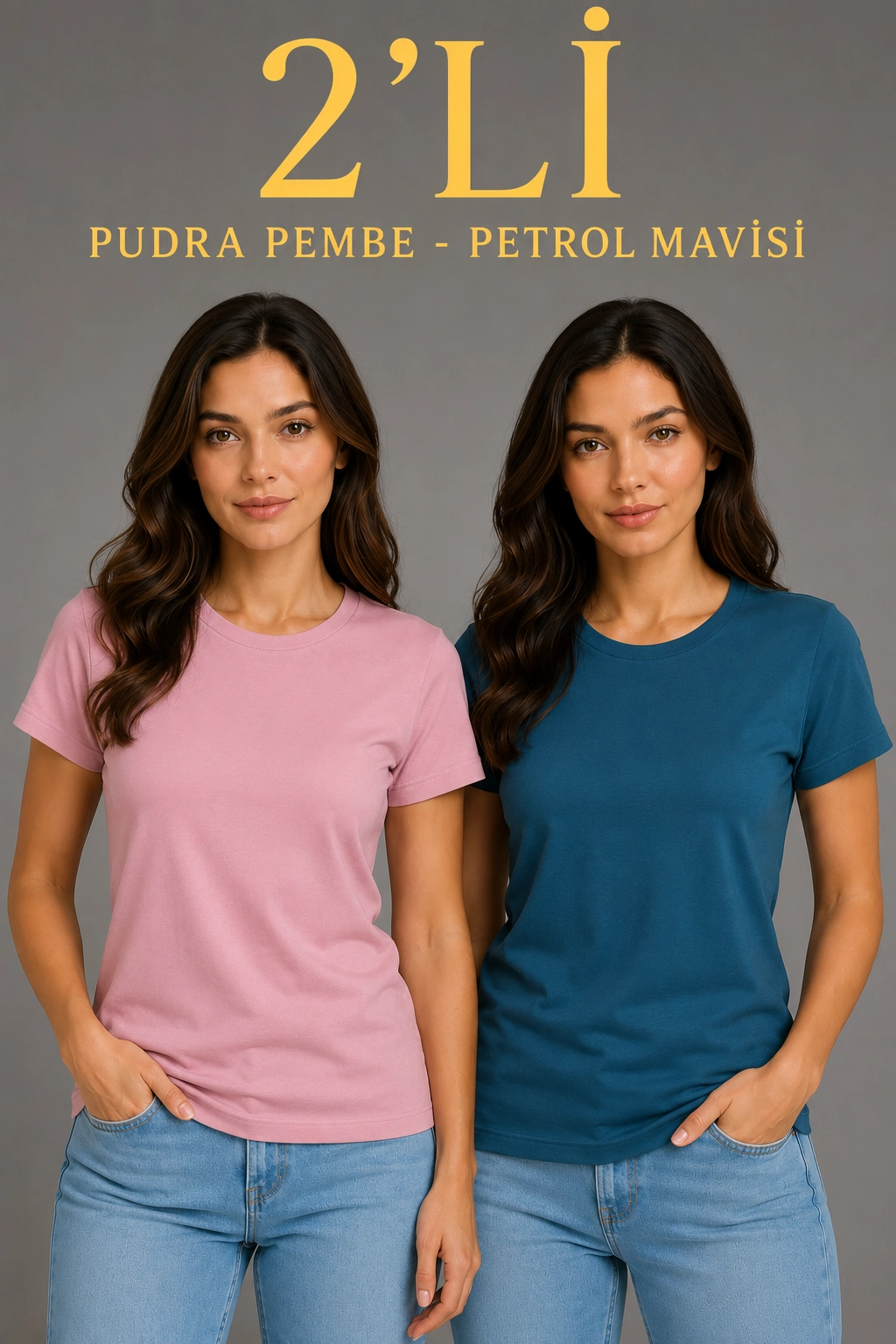 Kadın Basic Bisiklet Yaka Yazlık Slim fit T-Shirt - Pudra Pembe  Petrol Mavi