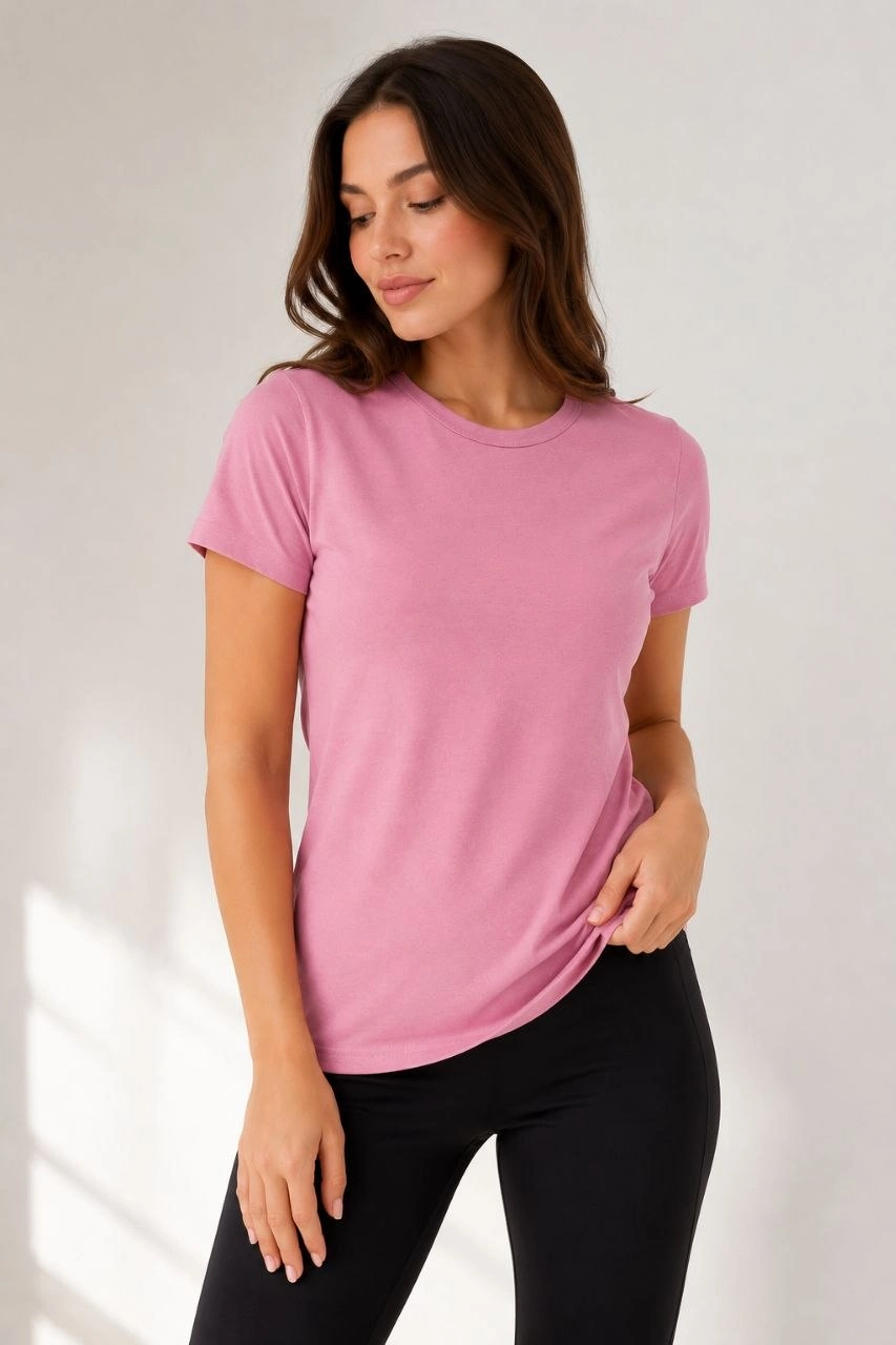 Kadın Basic Bisiklet Yaka Yazlık Slim fit T-Shirt - Pudra Pembe  Petrol Mavi