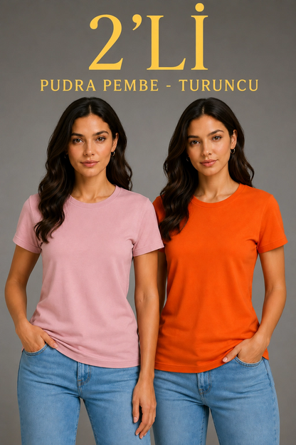 Kadın Basic Bisiklet Yaka Yazlık Slim fit T-Shirt - Pudra Pembe  Turuncu