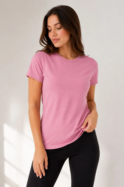 Kadın Basic Bisiklet Yaka Yazlık Slim fit T-Shirt - Pudra Pembe  Turuncu