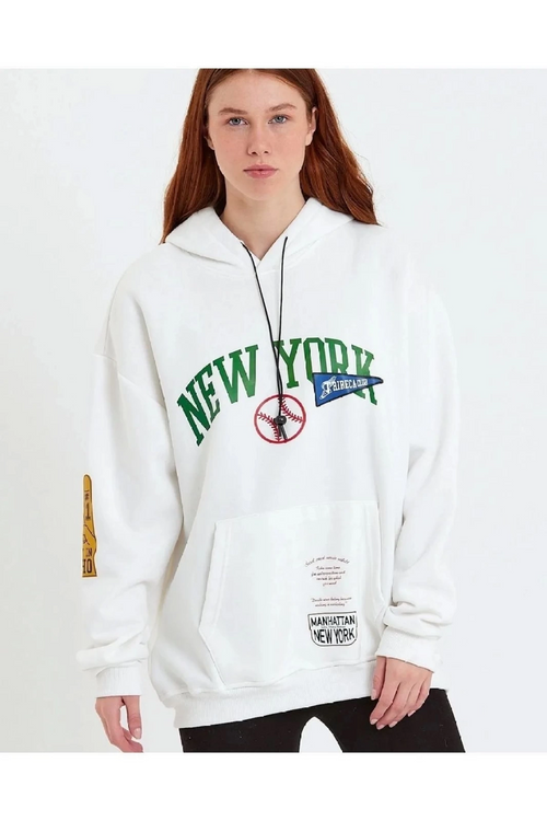 Baskılı Kapüşonlu Sweatshirt - Beyaz -