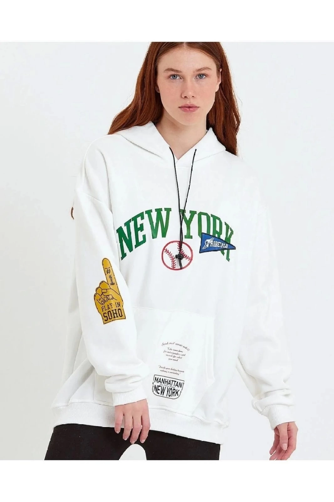 Baskılı Kapüşonlu Sweatshirt - Beyaz -