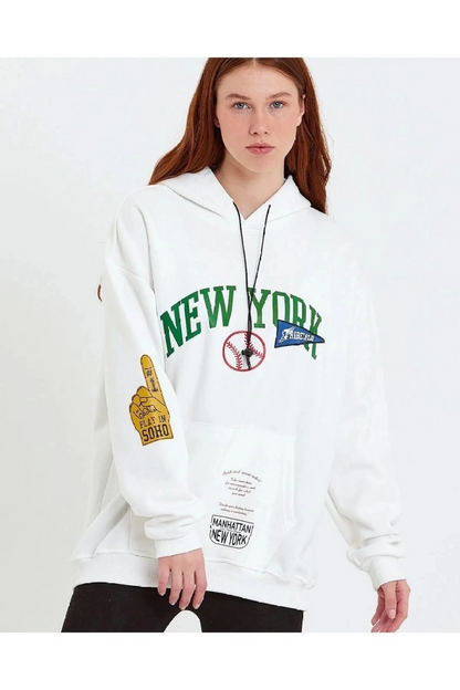 Baskılı Kapüşonlu Sweatshirt - Beyaz -