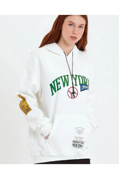 Baskılı Kapüşonlu Sweatshirt - Beyaz -