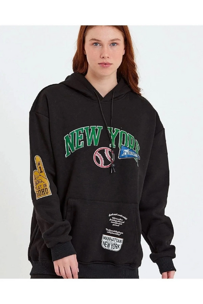 Baskılı Kapüşonlu Sweatshirt - Siyah -