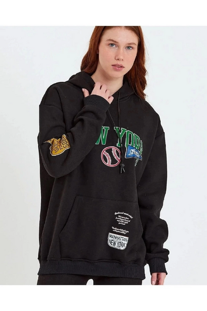 Baskılı Kapüşonlu Sweatshirt - Siyah -