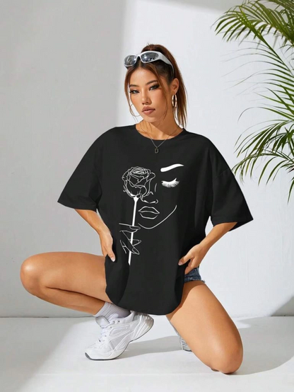Baskılı Oversize T-shirt - Siyah -