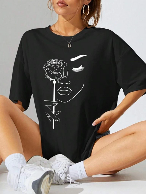 Baskılı Oversize T-shirt - Siyah -