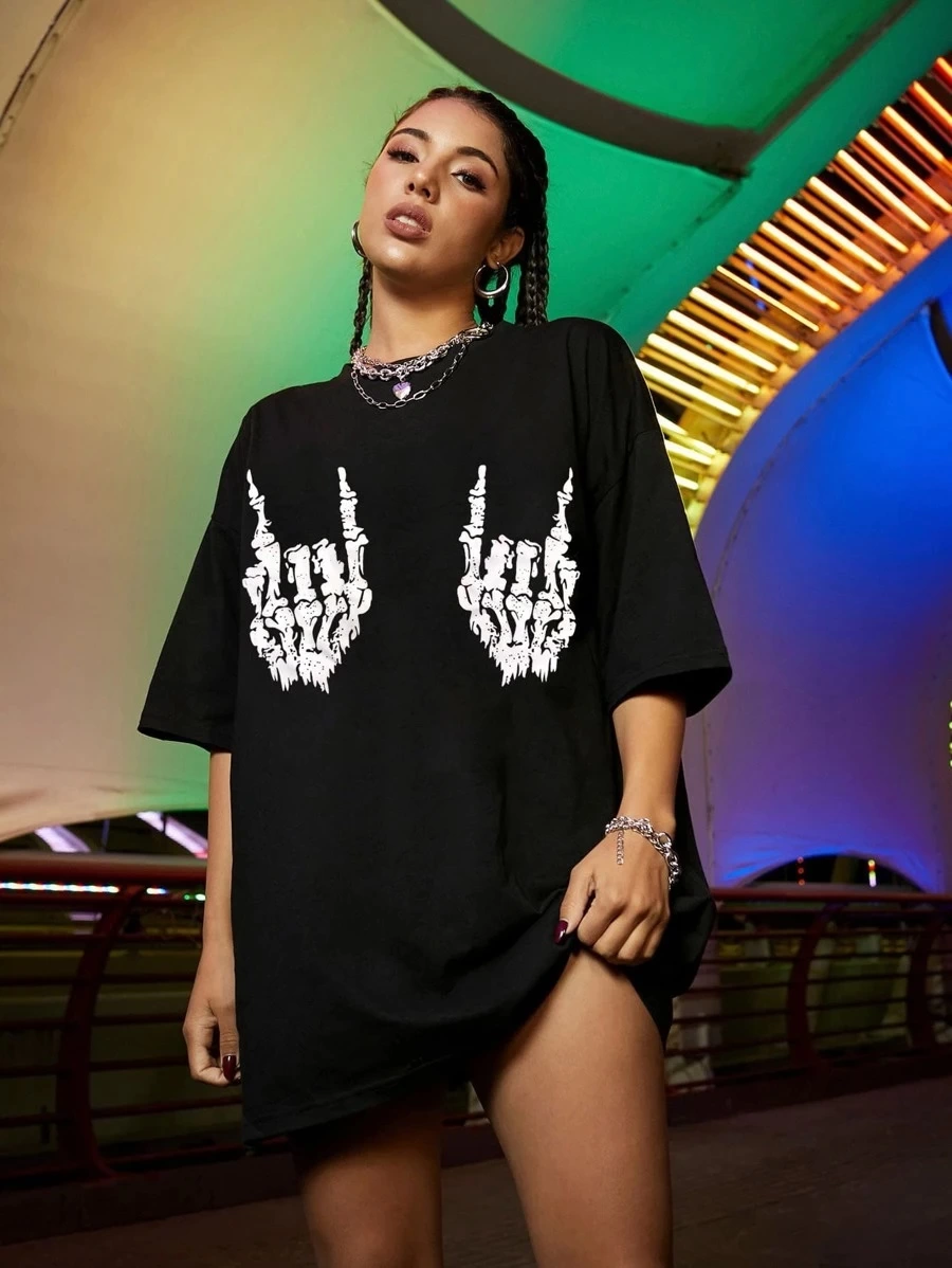Baskılı Oversize T-shirt - Siyah -