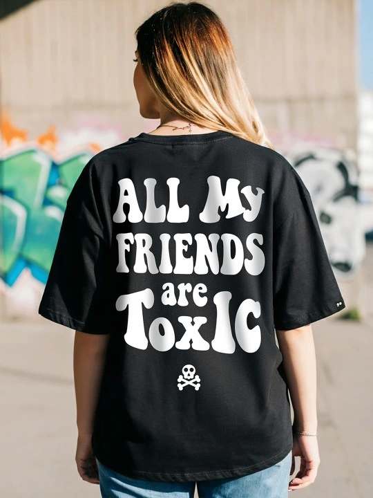 Baskılı Oversize T-shirt - Siyah -