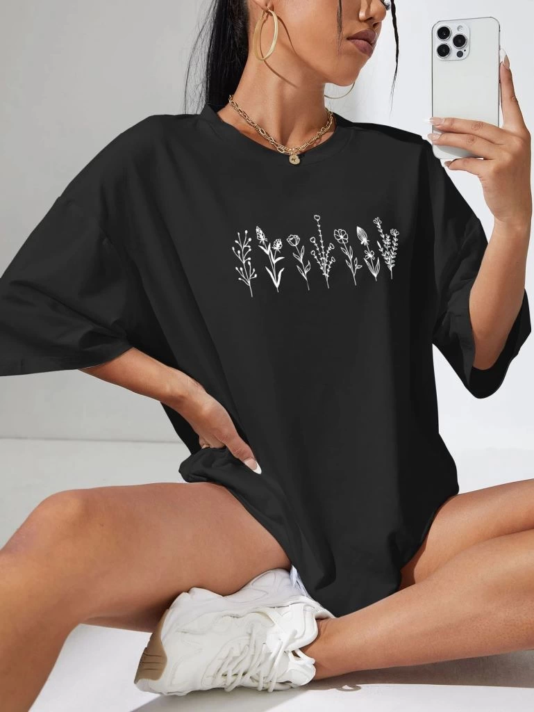 Baskılı Oversize T-shirt - Siyah -