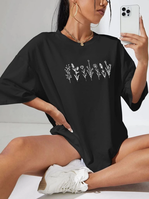 Baskılı Oversize T-shirt - Siyah -