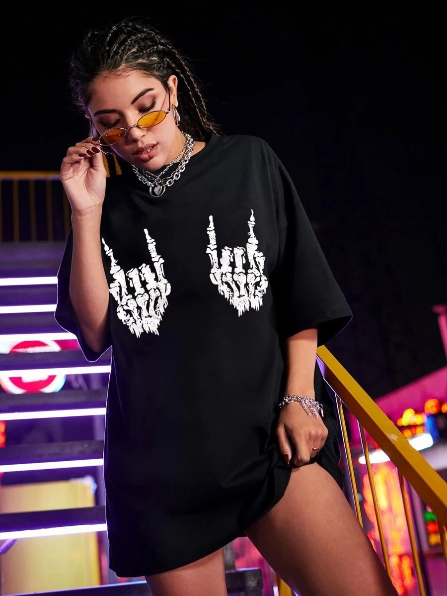 Baskılı Oversize T-shirt - Siyah -