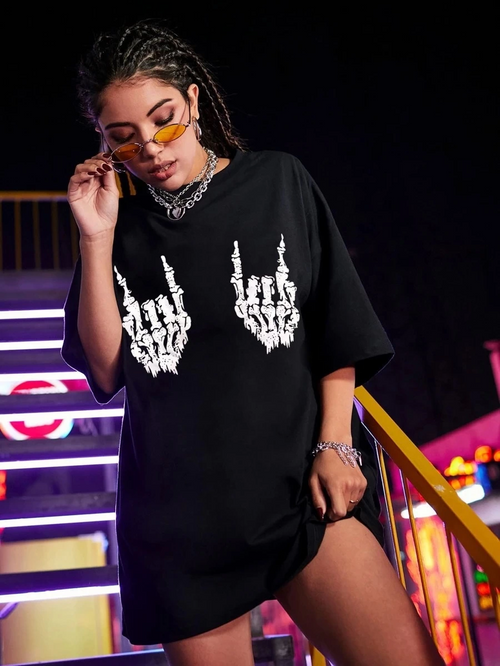 Baskılı Oversize T-shirt - Siyah -
