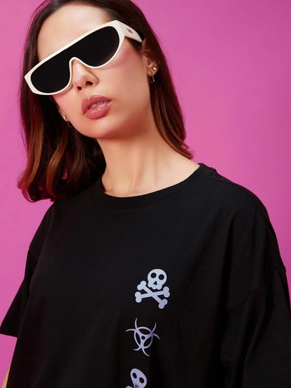 Baskılı Oversize T-shirt - Siyah -
