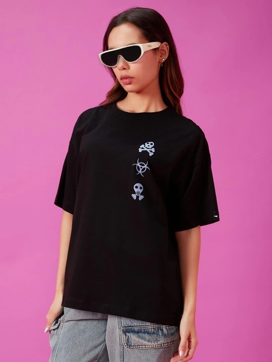Baskılı Oversize T-shirt - Siyah -