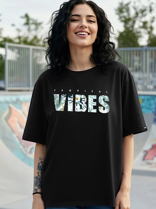 Baskılı Oversize T-shirt - Siyah -