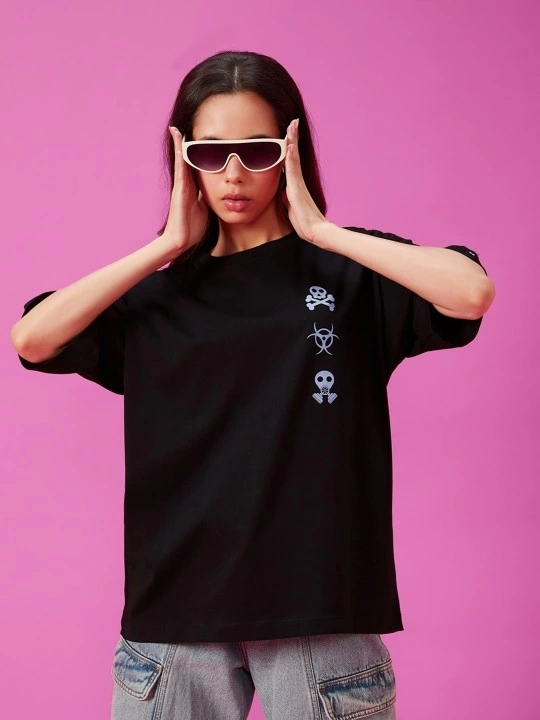 Baskılı Oversize T-shirt - Siyah -