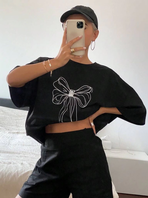 Baskılı Oversize T-shirt - Siyah -