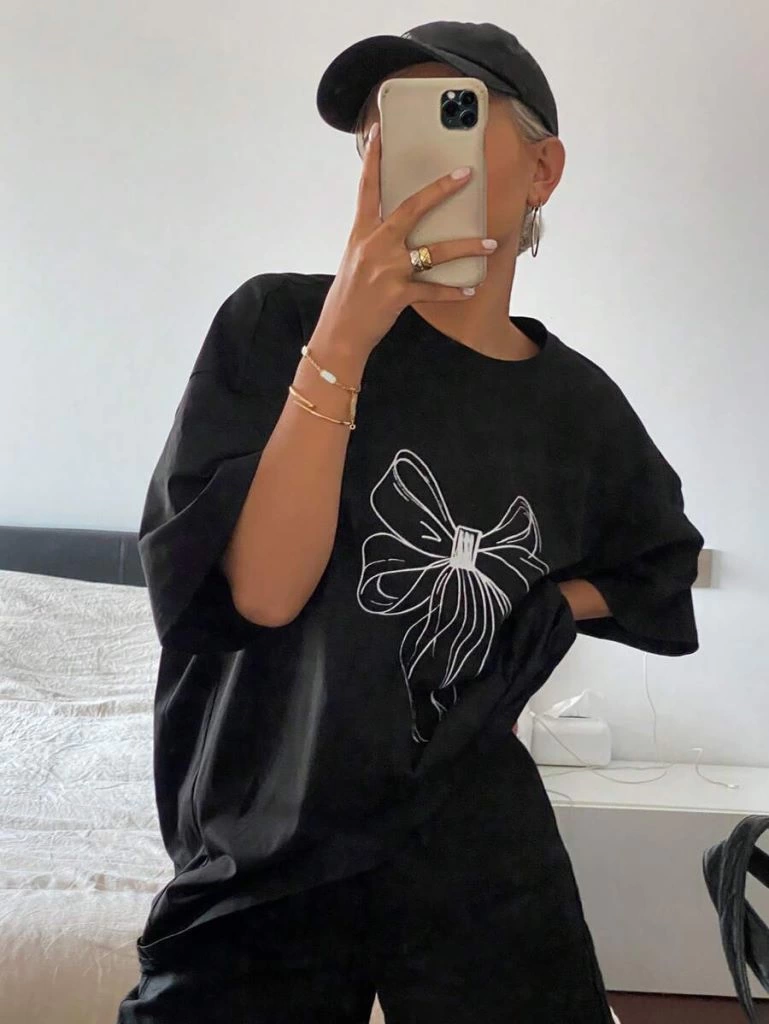 Baskılı Oversize T-shirt - Siyah -