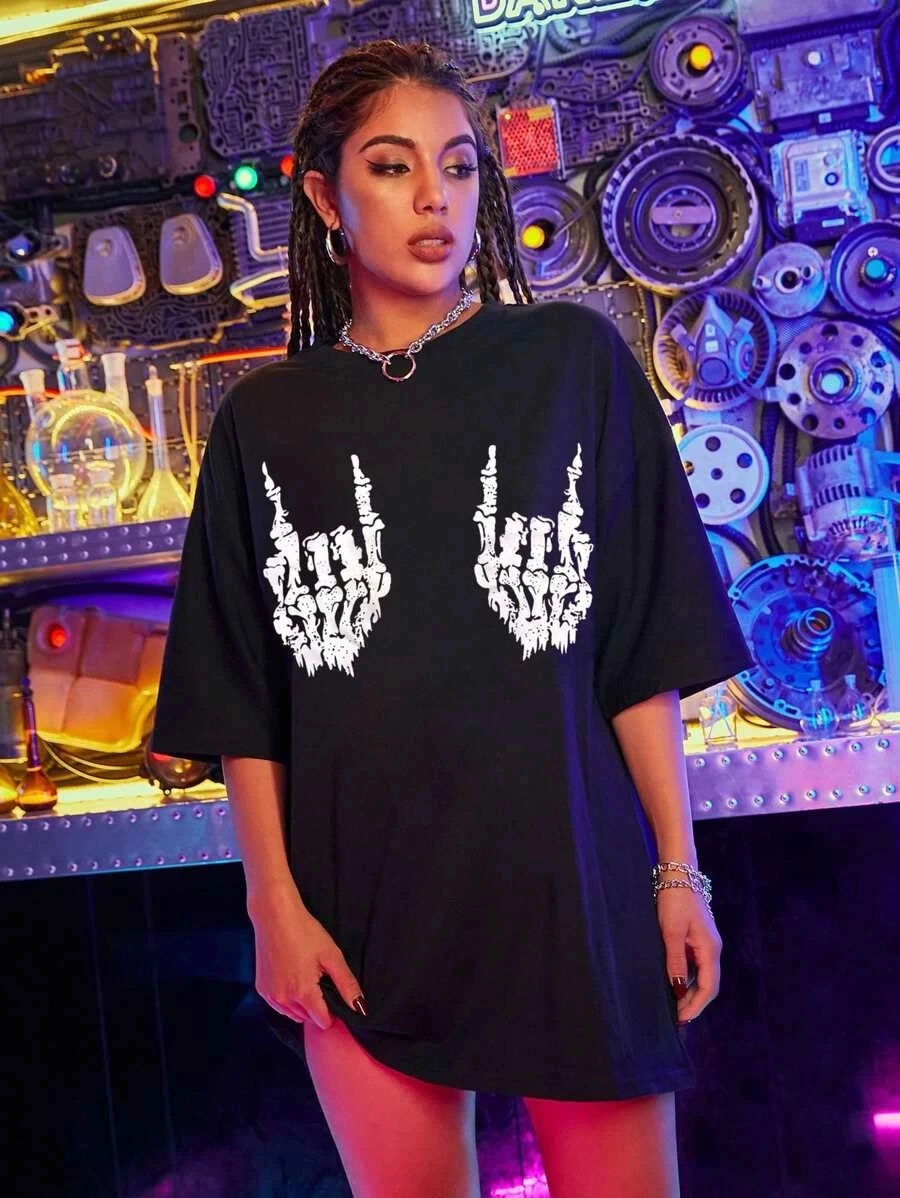 Baskılı Oversize T-shirt - Siyah -