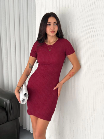 Bisiklet Yaka Kısa Kol Likralı Elbise - Bordo -