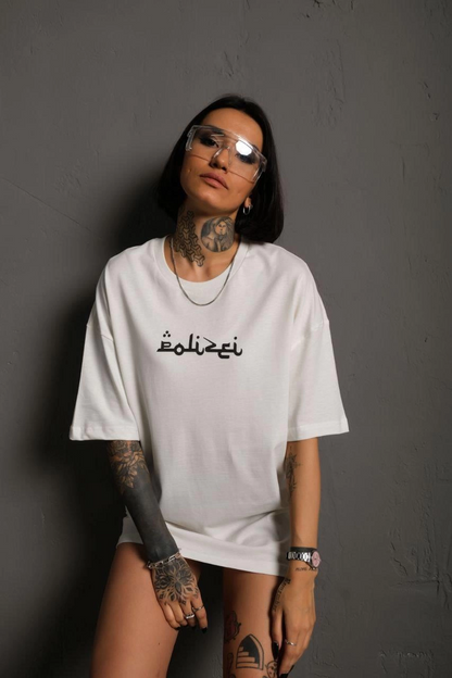 Bisiklet Yakalı Sırt Baskılı Oversize T-Shirt - Beyaz -