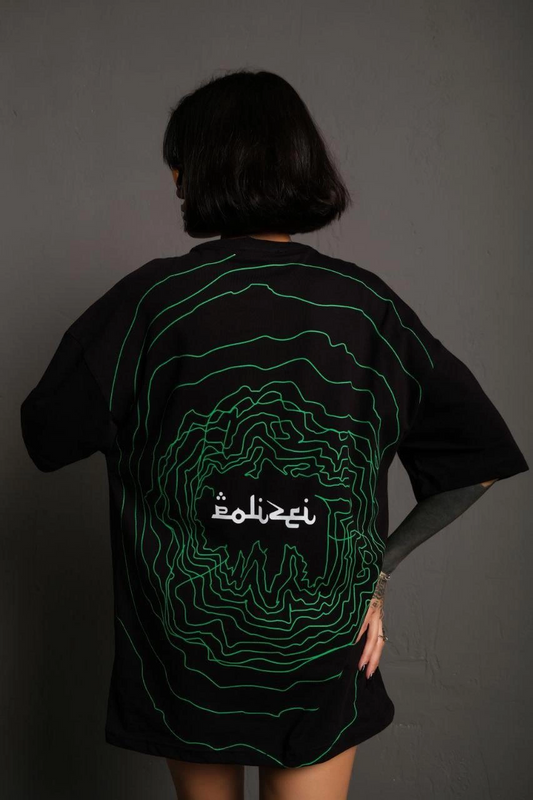 Bisiklet Yakalı Sırt Baskılı Oversize T-Shirt - Siyah -