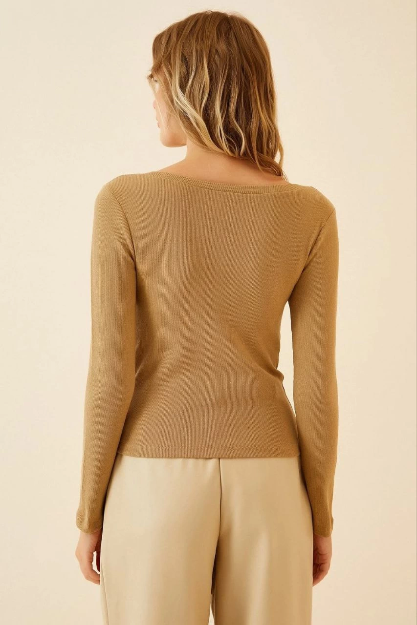 Fitilli Likralı Body Crop - Camel