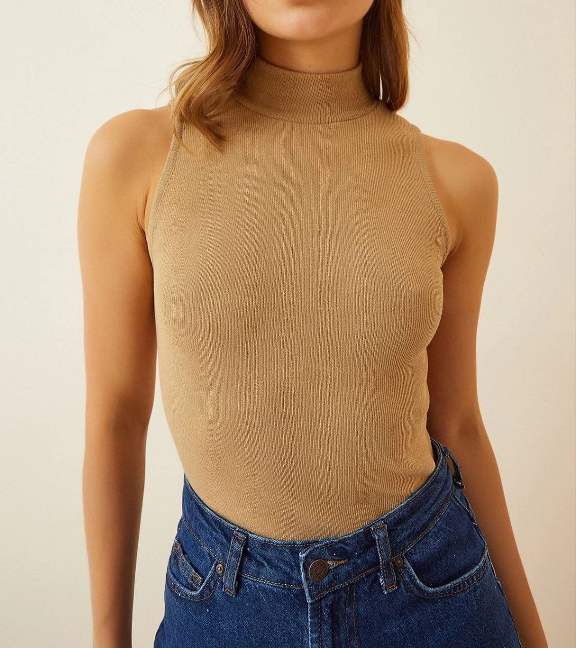 Full Likralı Fitilli Kaşkorse Body - Camel -
