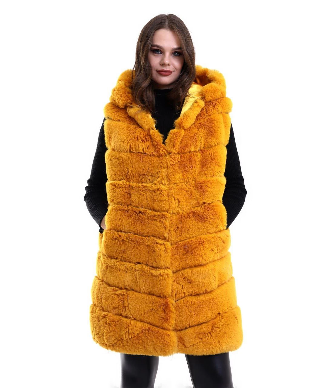 Kapşonlu Peluş Kürk Yelek Premium Kalite, Tam Astarlı, Uzun Model - Sarı